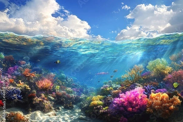 Fototapeta Vibrant coral reef beneath the surface showcasing diverse marine life and stunning underwater scenery during daylight hours