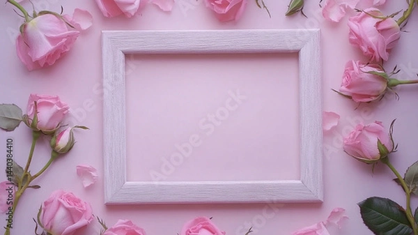 Fototapeta A white rectangular frame on a pink background with rose flowers.