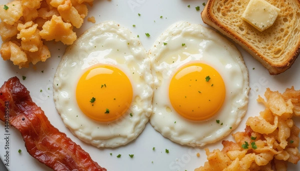 Fototapeta Two perfectly fried eggs with slightly runny yolks are centered flanked by crispy strips of bacon, golden brown hash browns