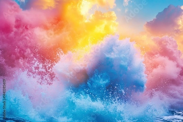 Fototapeta Vibrant sunset over crashing waves with colorful clouds highlighting the shoreline beauty