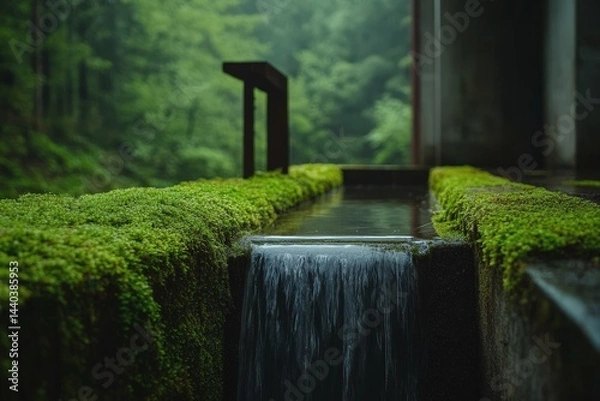 Fototapeta Water gently flows over moss-covered stones in a serene forest setting during early morning hours