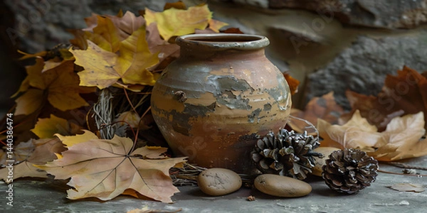 Obraz Rustic hand-painted clay pot surrounded by autumn leaves, pine cones