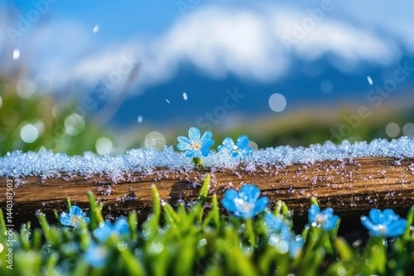 Fototapeta Blue flowers sprouting through dew-covered grass with a snowy mountain backdrop on a sunny spring morning