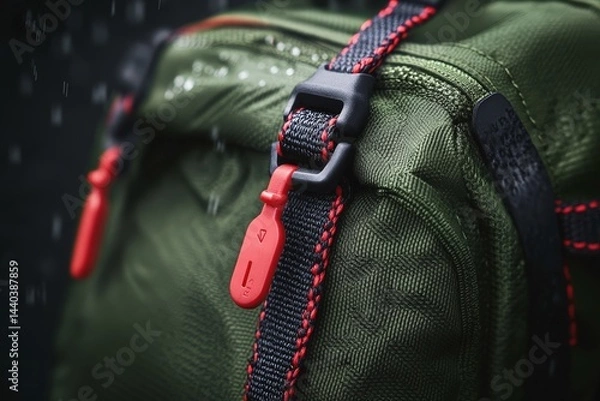 Fototapeta Water-resistant outdoor backpack with vibrant red accents in a rain setting highlighting details of craftsmanship