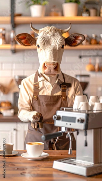 Fototapeta An animal cow in an apron works in a cafe as a barista and makes coffee on a coffee machine