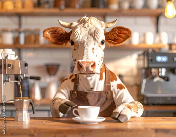 Fototapeta An animal cow in an apron works in a cafe as a barista and makes coffee on a coffee machine