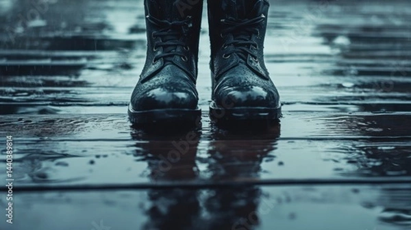 Fototapeta Dark boots on wet reflective floor with moody cold lighting and rain puddles