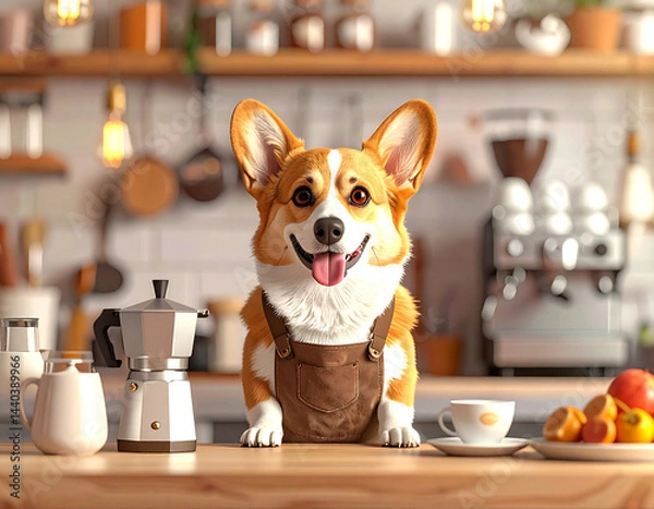 Fototapeta An animal dog in an apron works in a cafe as a barista and makes coffee on a coffee machine