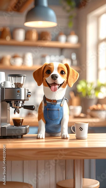 Fototapeta An animal dog in an apron works in a cafe as a barista and makes coffee on a coffee machine