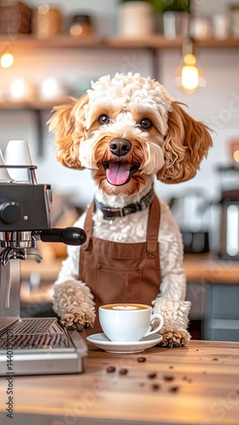 Fototapeta An animal dog in an apron works in a cafe as a barista and makes coffee on a coffee machine