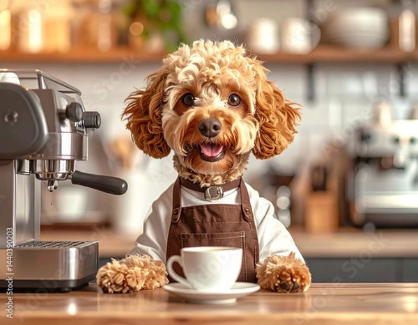 Fototapeta An animal dog in an apron works in a cafe as a barista and makes coffee on a coffee machine