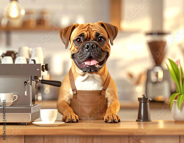 Fototapeta An animal dog in an apron works in a cafe as a barista and makes coffee on a coffee machine
