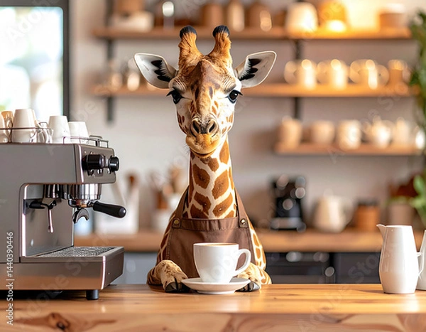 Fototapeta An animal giraffe in an apron works in a cafe as a barista and makes coffee on a coffee machine