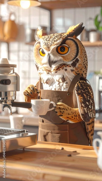Fototapeta An bird owl in an apron works in a cafe as a barista and makes coffee on a coffee machine