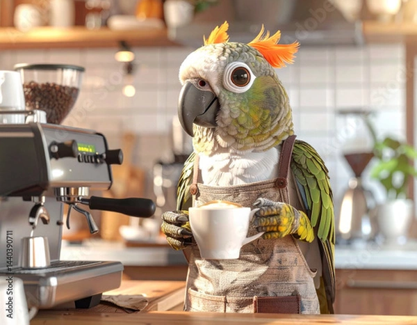 Fototapeta An bird parrot in an apron works in a cafe as a barista and makes coffee on a coffee machine