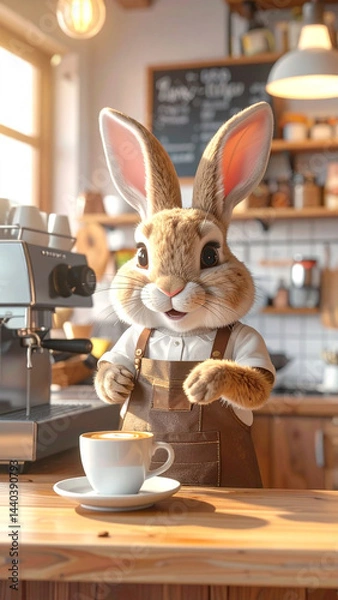 Fototapeta An animal rabbit in an apron works in a cafe as a barista and makes coffee on a coffee machine