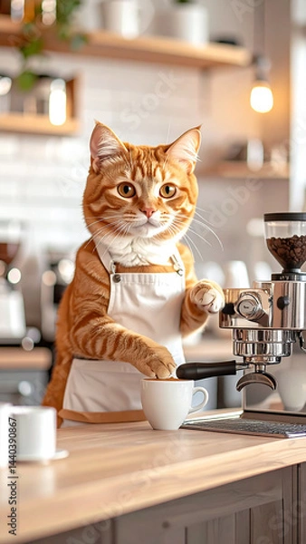 Fototapeta An animal cat in an apron works in a cafe as a barista and makes coffee on a coffee machine