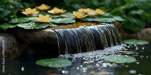 Fototapeta 3D Waterfall Serenity: Lily Pads and Tranquil Flow