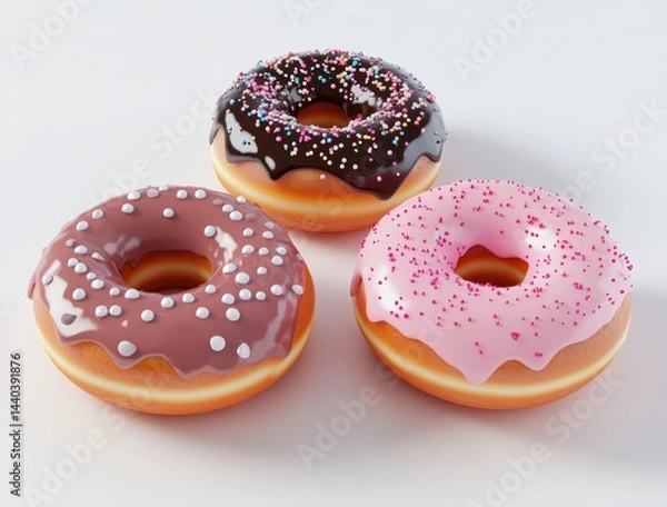 Fototapeta Colorful donuts with chocolate and pink icing topped with sprinkles on a white background perfect for sweet treats or dessert themed projects