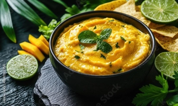 Obraz Bowl filled with sweet tropical mango dip or sauce, and crispy chips and lime slices, healthy vegan snack or dessert, AI generated photo