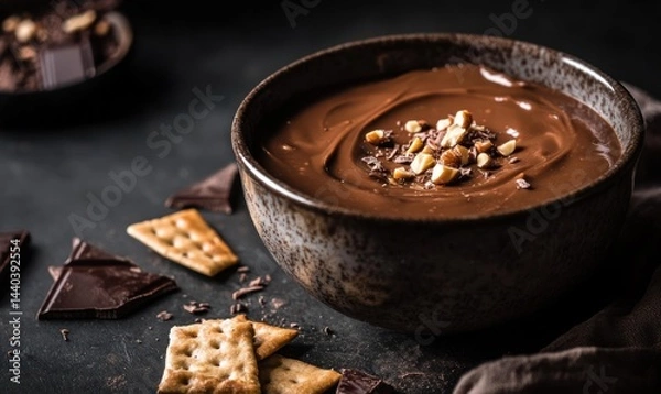 Obraz sweet chocolate dip or sauce in ceramic bowl, and crispy chips and nuts, snack or dessert for party, AI generated photo
