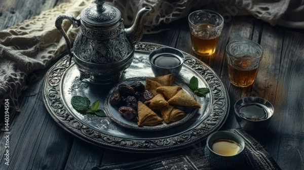 Obraz Moroccan traditional mint tea, table with a silver teapot and glasses, hot beverage and a plate of sweets and fruits for a snack, cozy home atmosphere, international dishes, AI generated
