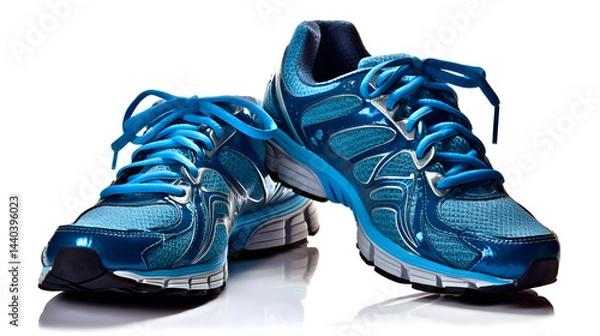 Fototapeta A pair of blue running shoes with white laces on a white background.