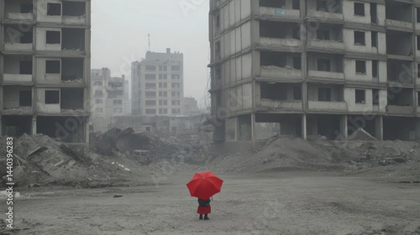 Fototapeta Child with red umbrella stands front of abandoned damaged buildings foggy post apocalyptic city