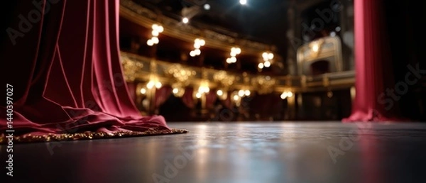 Fototapeta Atmosphere of grand theater is captivating, with rich red curtains framing stage and soft lighting illuminating ornate architecture. scene evokes anticipation and excitement for performance ahead