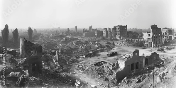 Obraz Black and white photograph captures ruins left by forces after withdrawal during World War. Collapsed buildings with scattered debris show devastation. Documentary chronicle shoots of human stupidity