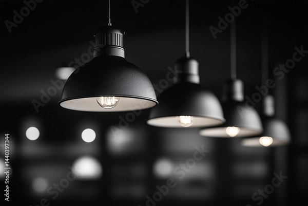 Obraz Black-and-white photo of industrial-style pendant lights with ribbed metallic details, casting a subtle glow in a dark interior. Shot from a side angle, emphasizing sleek, modern design and texture.