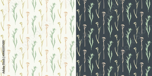 Fototapeta Herbal silhouette seamless pattern set of 2. Wild nature, meadow fields grass, eco friendly backdrop. Pastel colour palette. White, black vintage background. Vector illustration