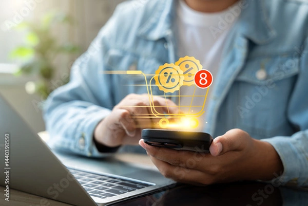 Fototapeta Online shopping and mobile phone payment concept, Social media marketing, Business technology, Customer using smartphone for online shopping, Touching cart Icon for E-commerce and mobile payment..