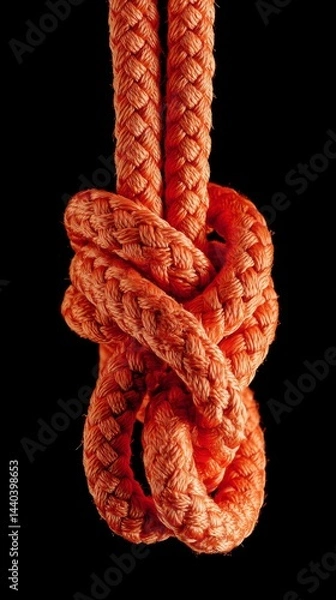 Fototapeta Orange rope with numerous knots against a dark background creating a striking and textured visual.