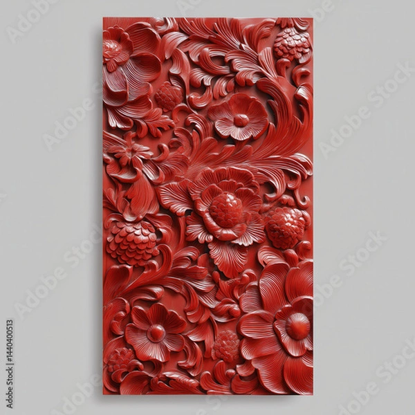 Fototapeta Carved mahogany wood panel with intricate floral pattern in deep red color