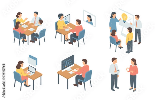 Fototapeta Business meeting and communication icons set – collaboration, online, presentation, discussion, brainstorming