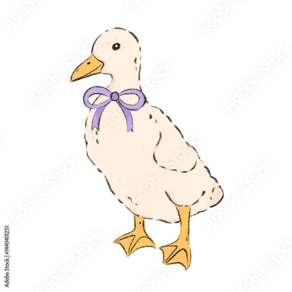 Fototapeta Pencil colored cute duck with bow isolated on white background. Farm easter goose bird. Hand drawn duckling baby animal illustration