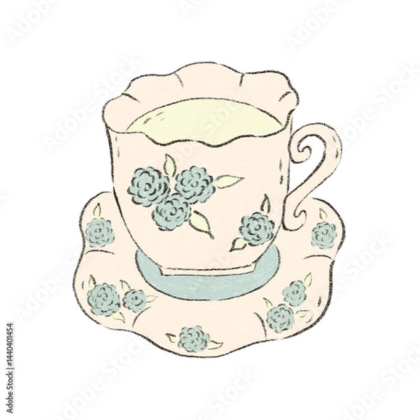 Fototapeta Pencil colored vintage cup of tea isolated on white background. Hand drawn flower teacup for party and afternoon drink illustration