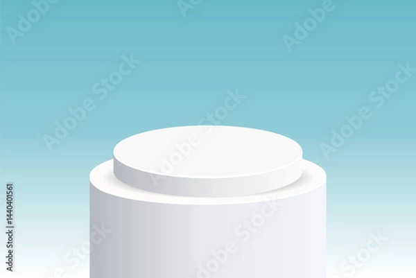 Obraz The cylinder podium with bright blue sky, Blank white product studio background, stage, podium for presentation vector illustration design for display cosmetic or beauty product