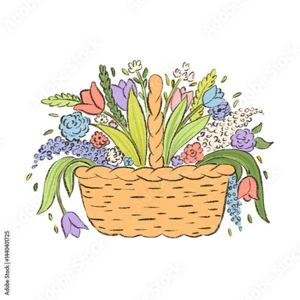 Fototapeta Pencil colored basket with abstract flowers isolated on white background. Hand drawn vintage spring floral bouquet illustration