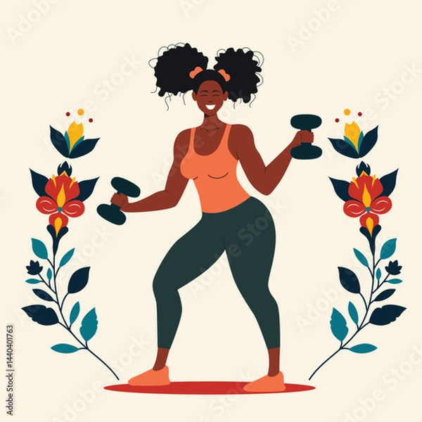Obraz Strong woman working out with dumbbells and flowers. Fitness illustration of happy woman lifting weights. Empowered woman exercising with floral decoration