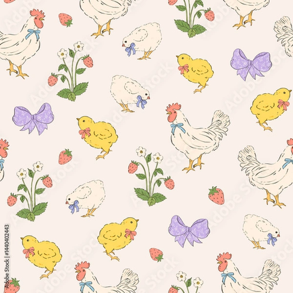 Fototapeta Seamless pattern with cute hen and chicken. Background with baby chick and strawberry. Easter little farm bird design texture illustration