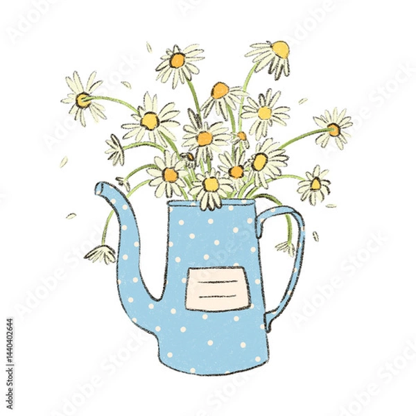 Fototapeta Pencil colored pitcher vase with daisy flowers isolated on white background. Hand drawn vintage spring floral bouquet in jug vase illustration