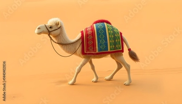 Obraz Cartoon White Camel Walking in Desert with Colorful Saddle Blanket