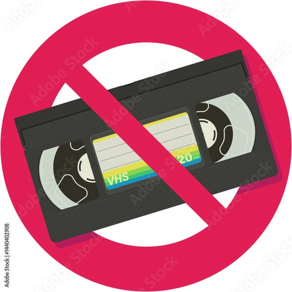 Fototapeta VHS videotape with a circular red strikethrough prohibition symbol in flat design style (cut out)