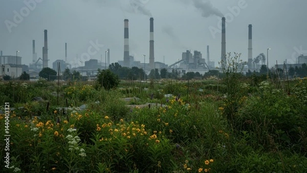 Fototapeta Industry clashes with nature in an environmental scene.