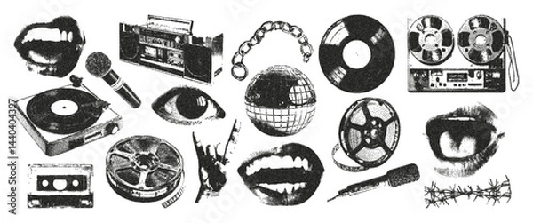 Fototapeta Vintage photocopy stipple effect music elements set. Vinyl record, cassette, speaker, eye, hand, radio, recorder coils, disco ball, chain, microphone, chain. Trendy modern retro vector illustration.
