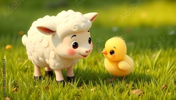 Obraz Cartoon Lamb and Baby Chick Meeting on Green Grass in Spring