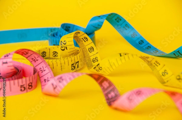 Fototapeta Pink, yellow and blue tape measure on yellow background with customizable space for text. Dieting concept and copy space