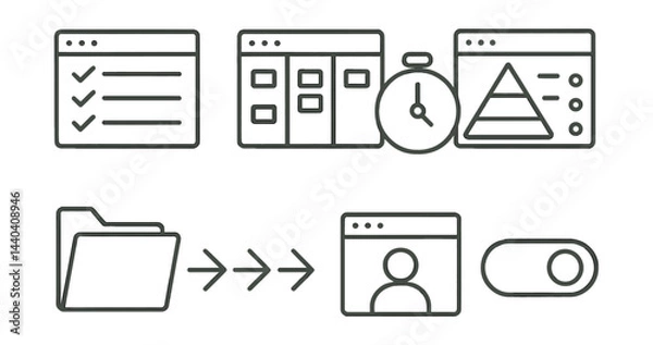 Fototapeta Project management icons set – checklist, kanban, timer, pyramid, folder